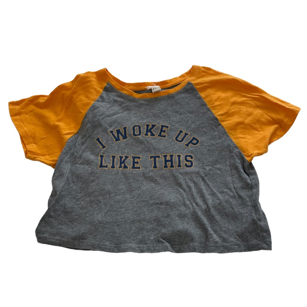 Forever 21 I Woke Up Like This Grey & Yellow Ringer Short Sleeve Crop Top - Picture 3 of 6